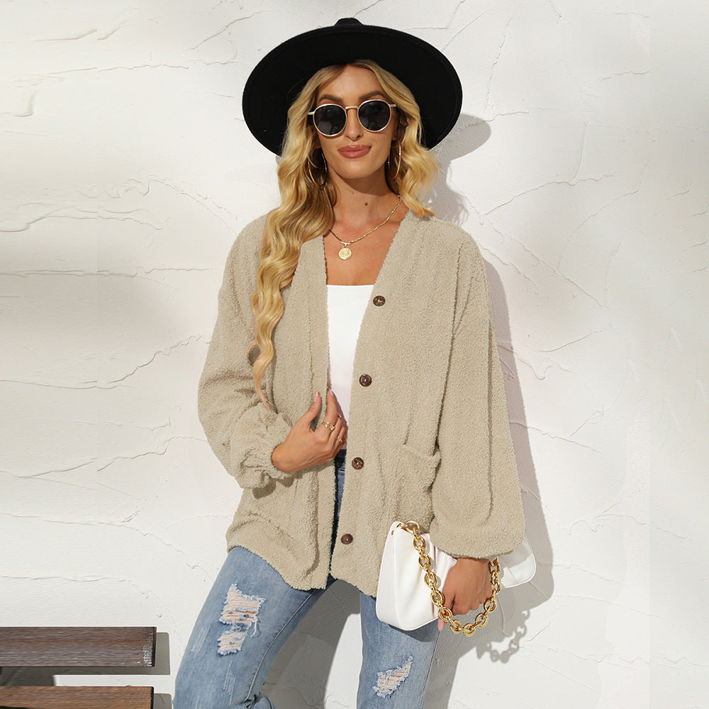 Solid Color Little Teddy Plush Cardigan Women's Casual Jacket Women