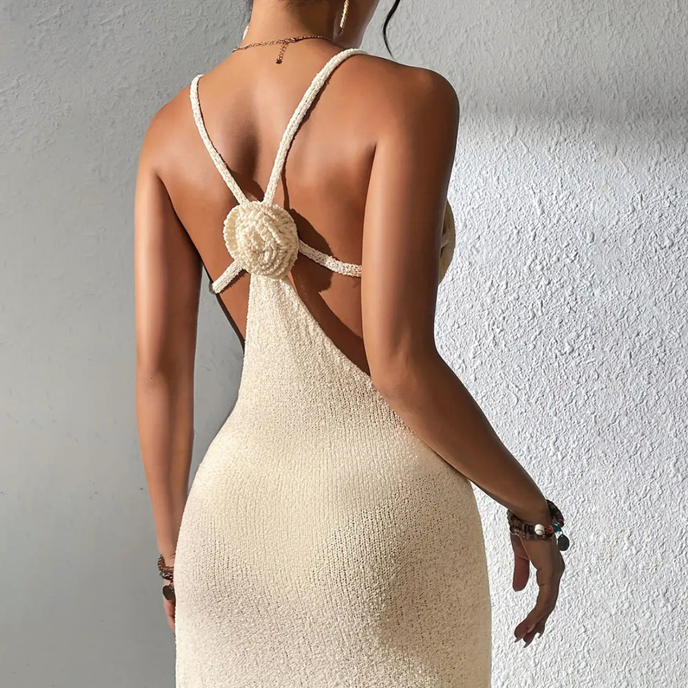 Cutout Slim Fit Slit Spaghetti Straps Knitted Beach Dress