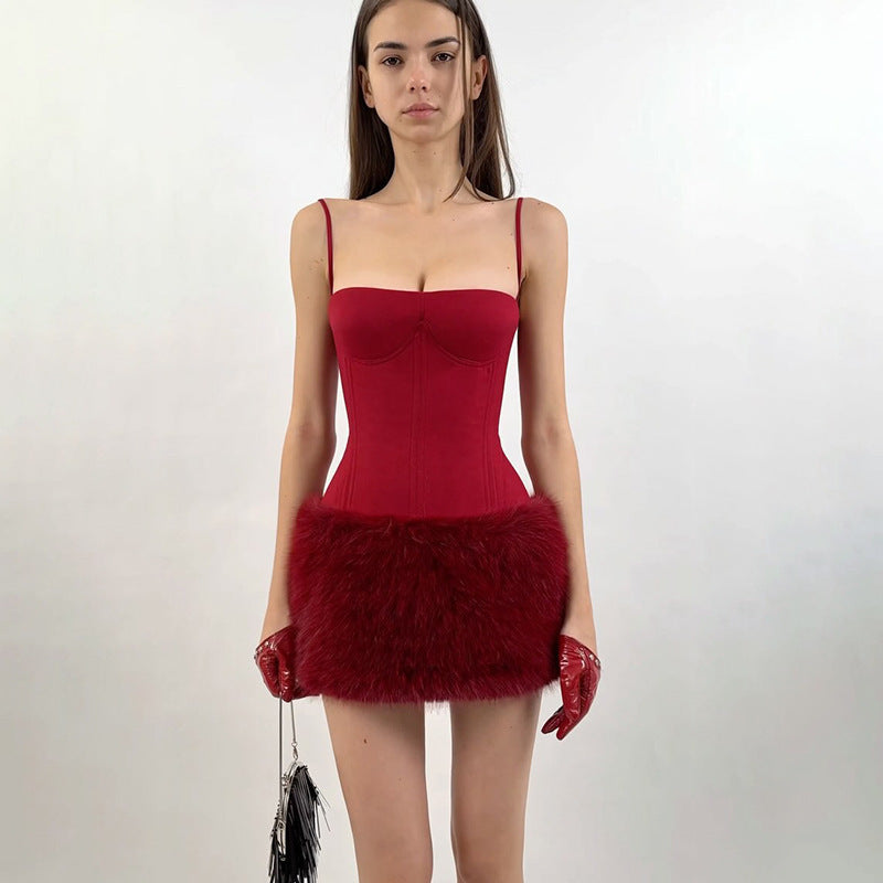 European And American Christmas New Year Fashion Spaghetti Straps Chest Wrap Plush Sheath Dress