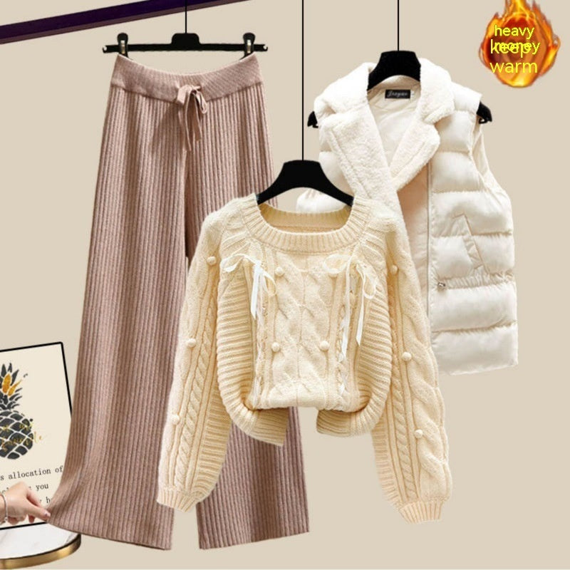 Ensemble trois pièces pour femme, gilet, pull épais, pantalon large