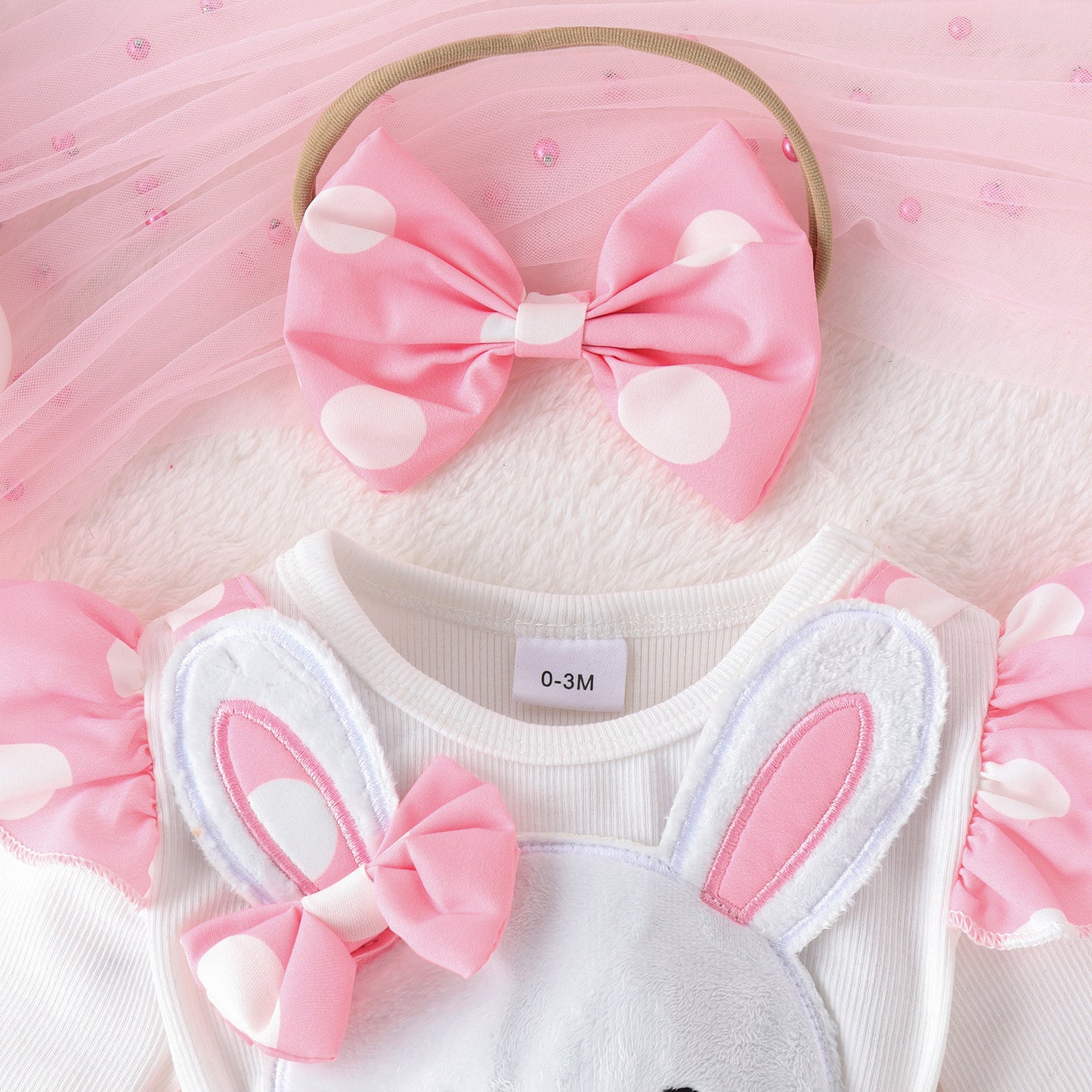 Combinaison à manches longues pour bébé fille avec motif lapin et coiffe