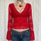 Temperament Red Lace V-neck Mesh Long-sleeved Top For Women
