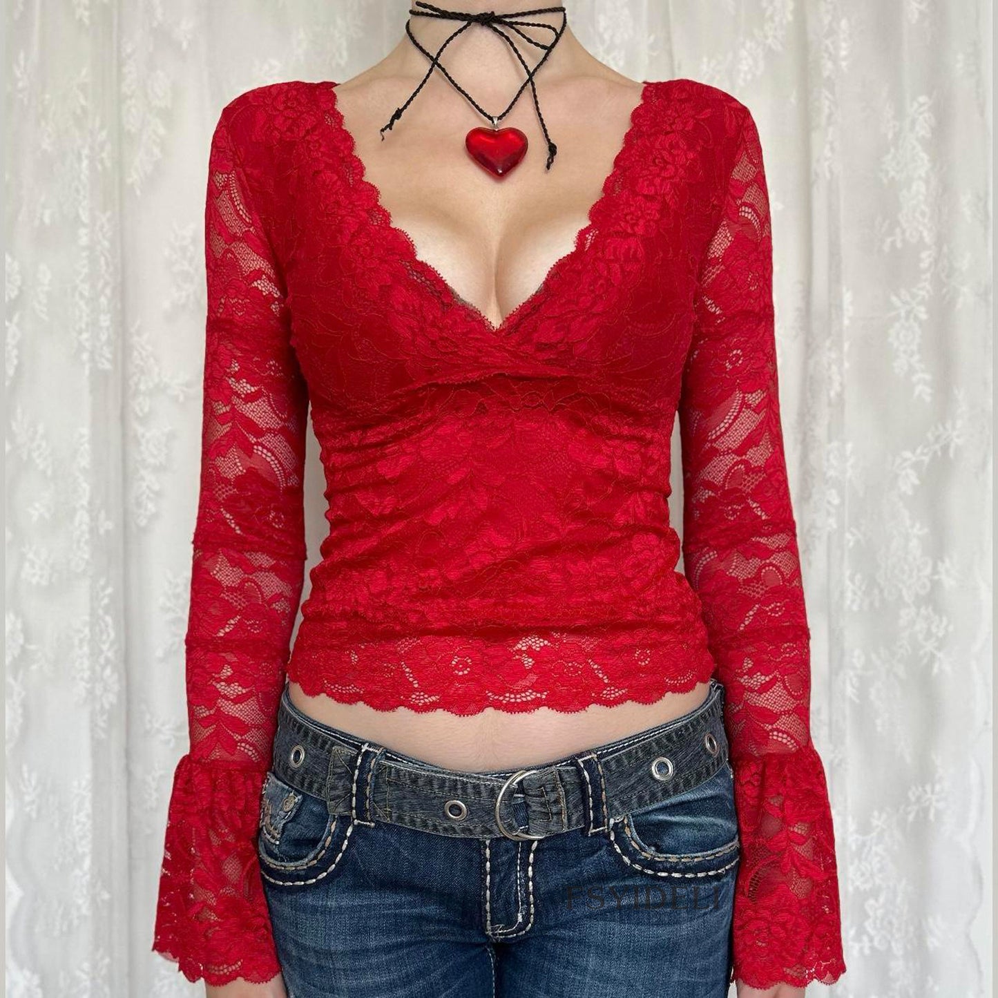 Temperament Red Lace V-neck Mesh Long-sleeved Top For Women