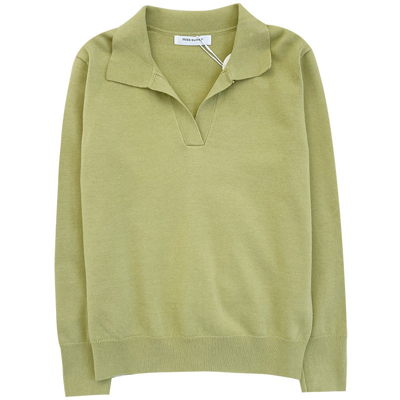 Women's Temperament Simple Lapel Slim Fit Long Sleeve Knit Sweater