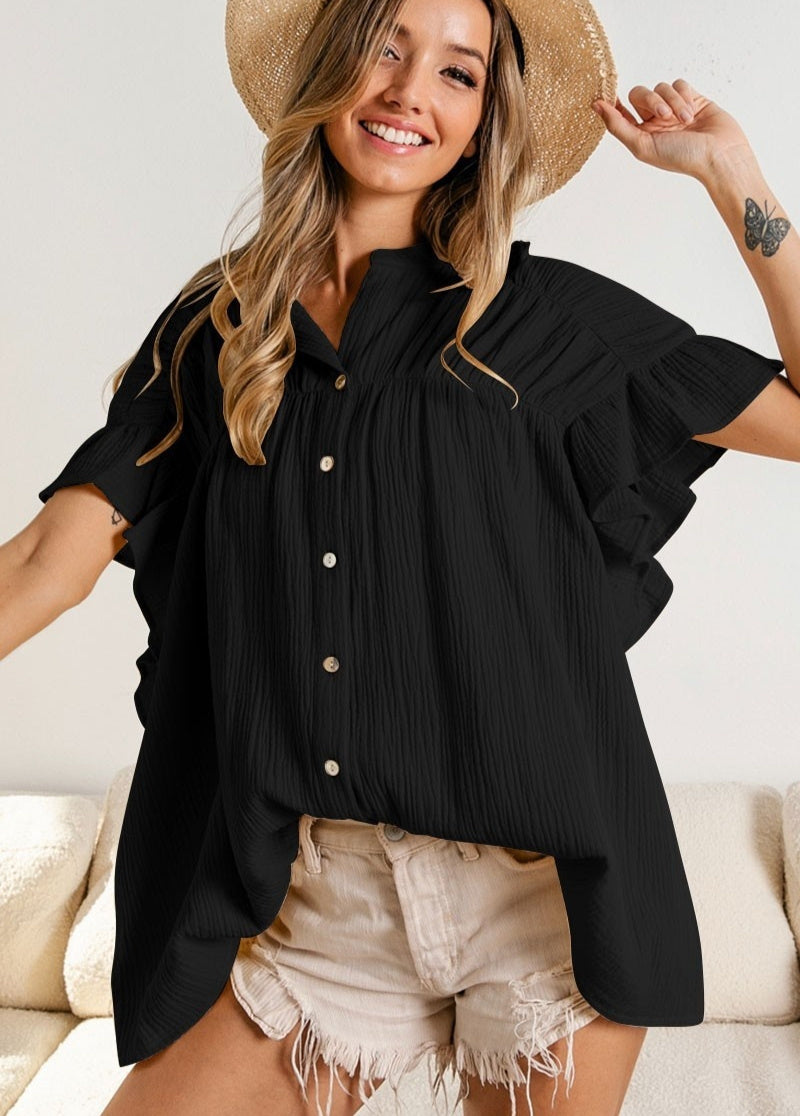 Women's Fashion Stand Collar Ruffled Sleeve Peplum Top