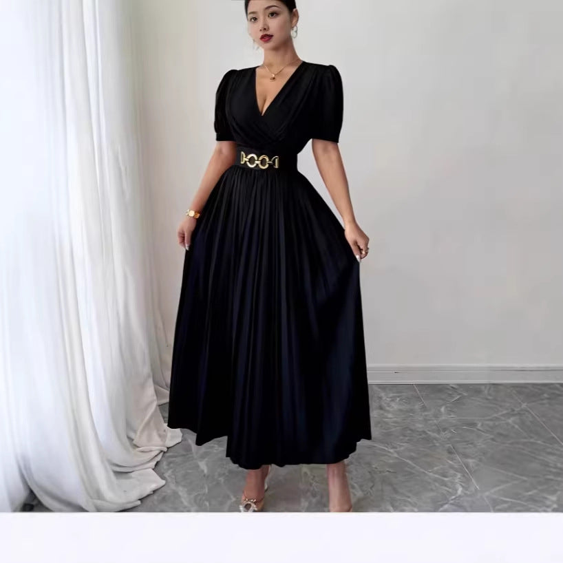 Cross V-Neck Defined Waist Slimming Puff Sleeve Patchwork Pleated Dress For Women
