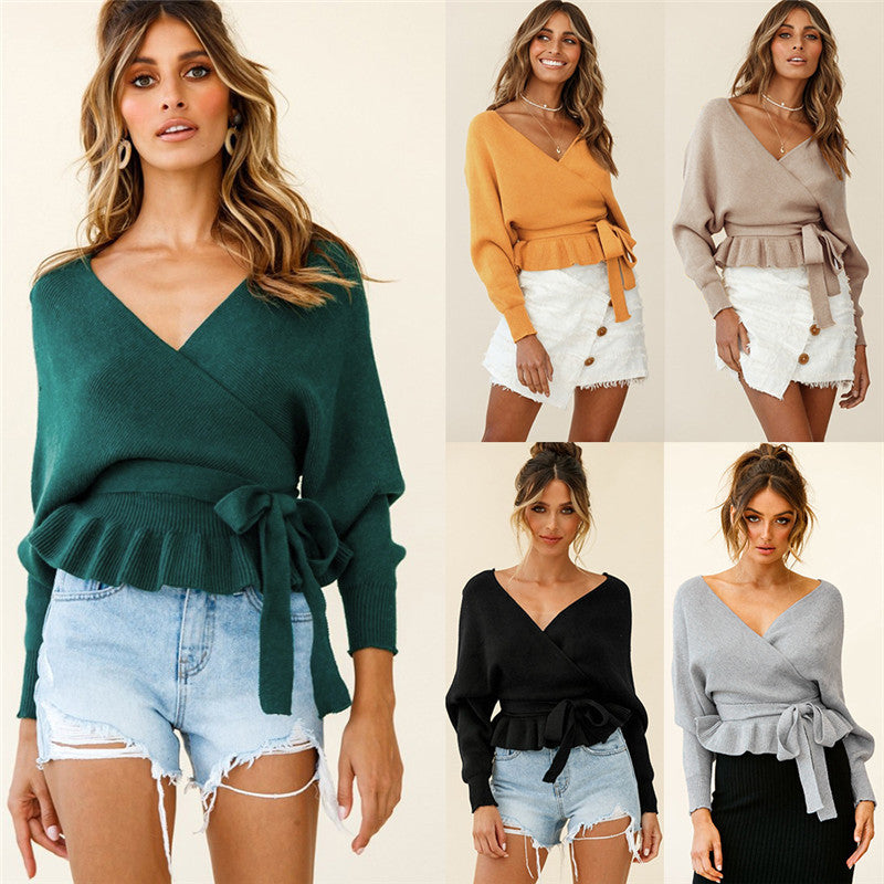 Ladies Autumn Winter Short Pullover V-Neck Knitted Top