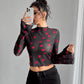 Mesh Floral Print Round-neck Flared Sleeves Long Sleeve