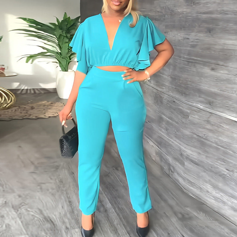 Women's Fashion Deep V Midriff-baring Top Straight-leg Trousers Casual Two-piece Suit