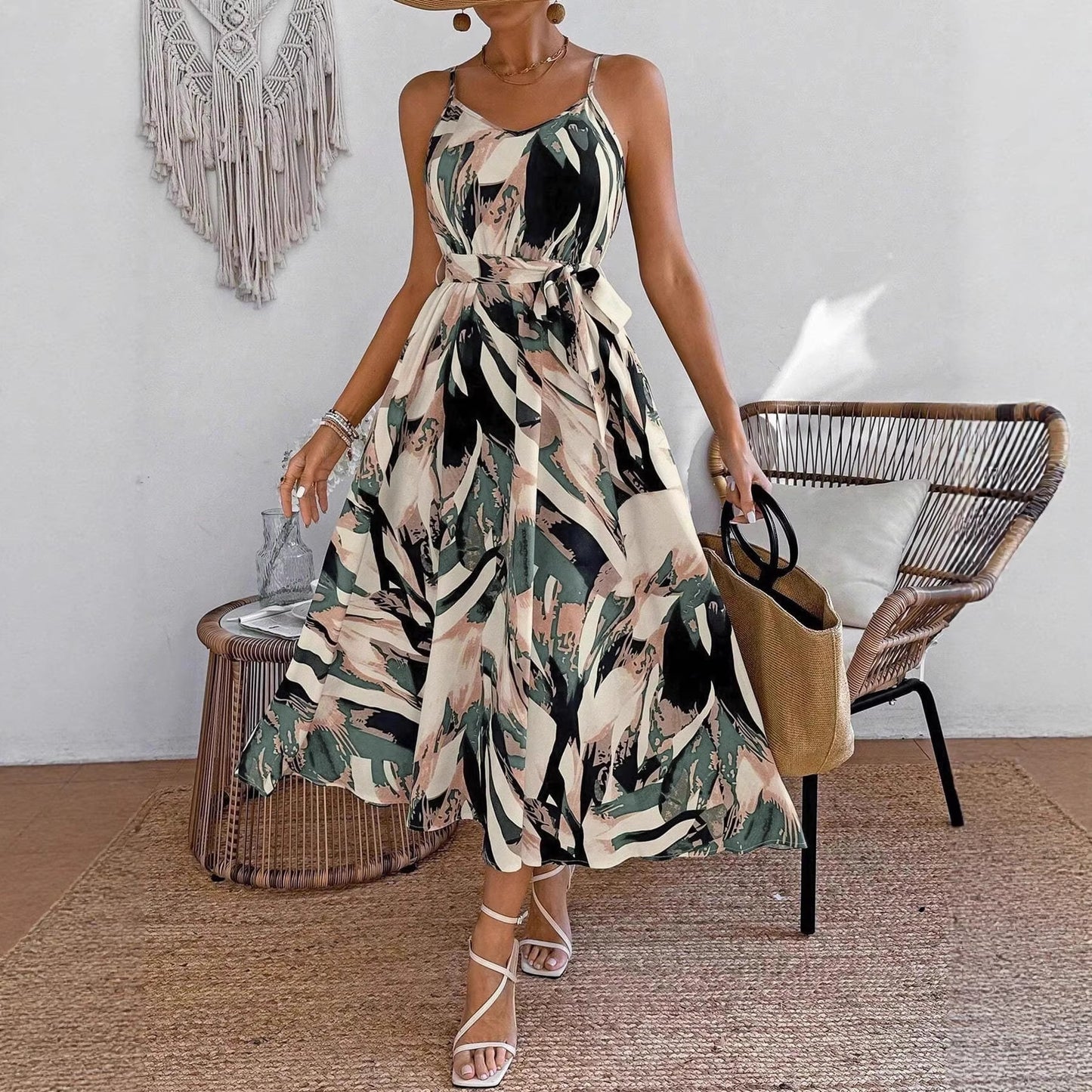 Women's Printed Lace-up Halterneck Sleeveless Dress