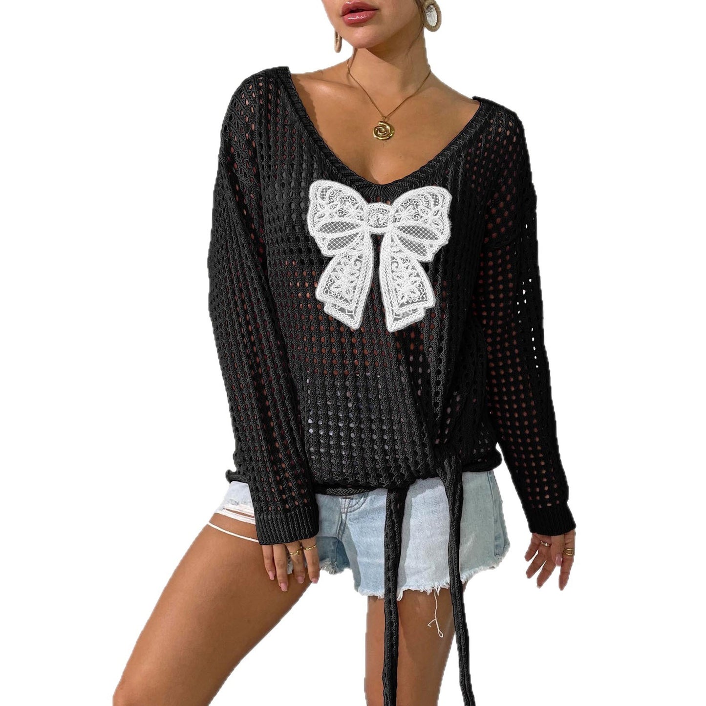 Pullover Strap Butterfly Stitching Idle Style Loose Long Sleeve Top