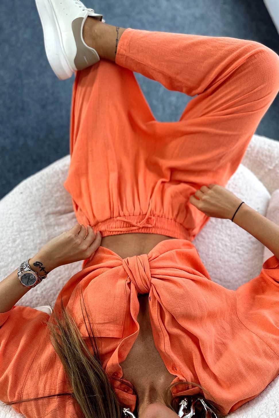 Split Sleeve Shirt Elastic Waist Pants Two Piece Set