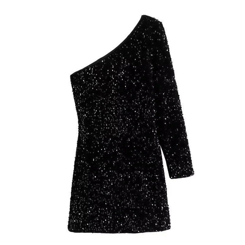 Design Sense Asymmetric Oblique Shoulder Collar Bright Piece Long Sleeve Dress