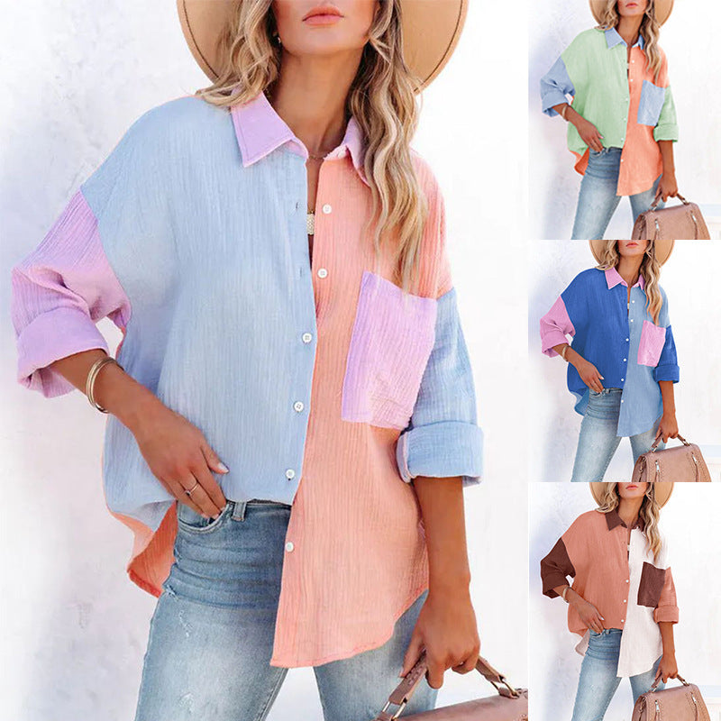 Women's Color Contrast Patchwork Drop-shoulder Long-sleeve Shirt