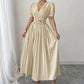 Cross V-Neck Defined Waist Slimming Puff Sleeve Patchwork Pleated Dress For Women