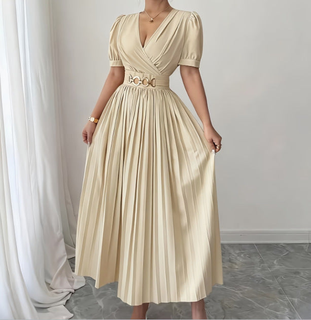 Cross V-Neck Defined Waist Slimming Puff Sleeve Patchwork Pleated Dress For Women