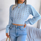Women Street Style Solid Color Hollow Stripe Lantern Sleeve Cropped Sweater