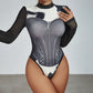 Womens Unique 3D Printed Niche Design Contrasting Color  Bodycon Long-Sleeve Jumpsuit