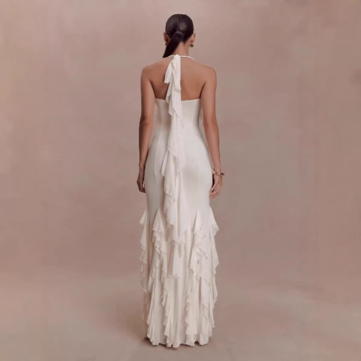 Fashionable Solid-Colored Halterneck Ruffled Sexy Backless Party Dress For Women
