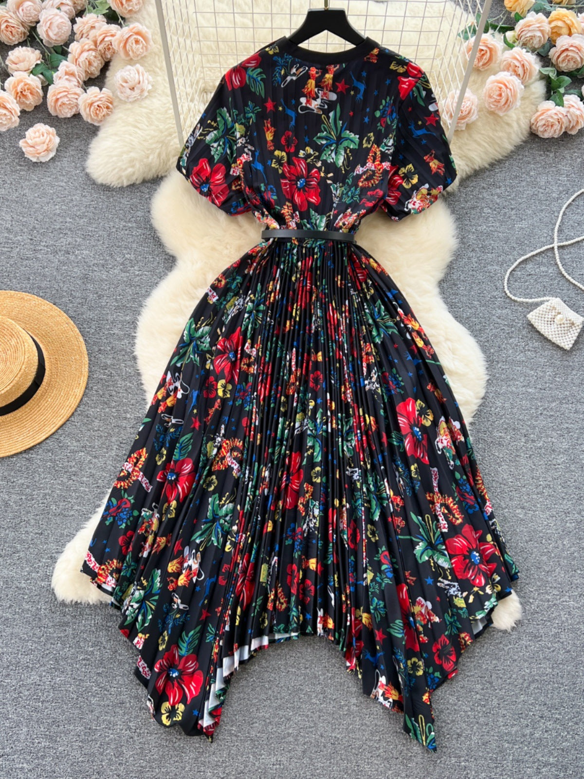Waist Slimming A- Line Pleated Irregular Dress