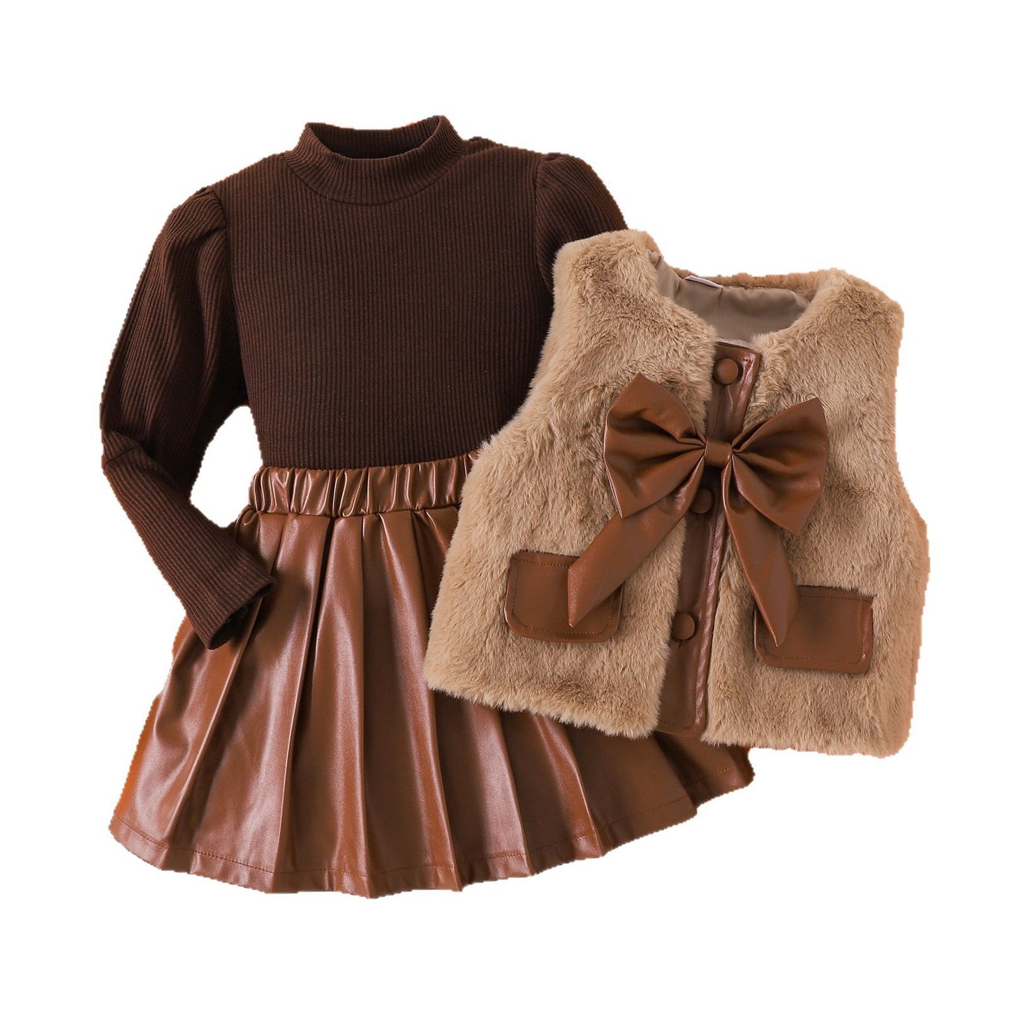 Three-piece Set Of Long-sleeve Base PU Leather Skirt