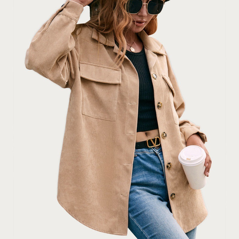 Corduroy Lapel Single Breasted Long Sleeve Tuxedo Shirt Jacket