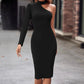 Womens One-shoulder Long-sleeve Dress With A Slash Neckline And Halter Neck