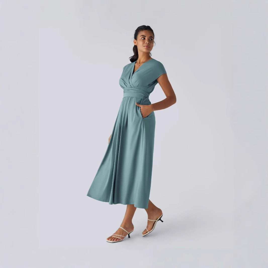Solid Color Overlapping V-neck Short Sleeve Side Pocket Lace-up Quick-drying Mid-length Casual Dress