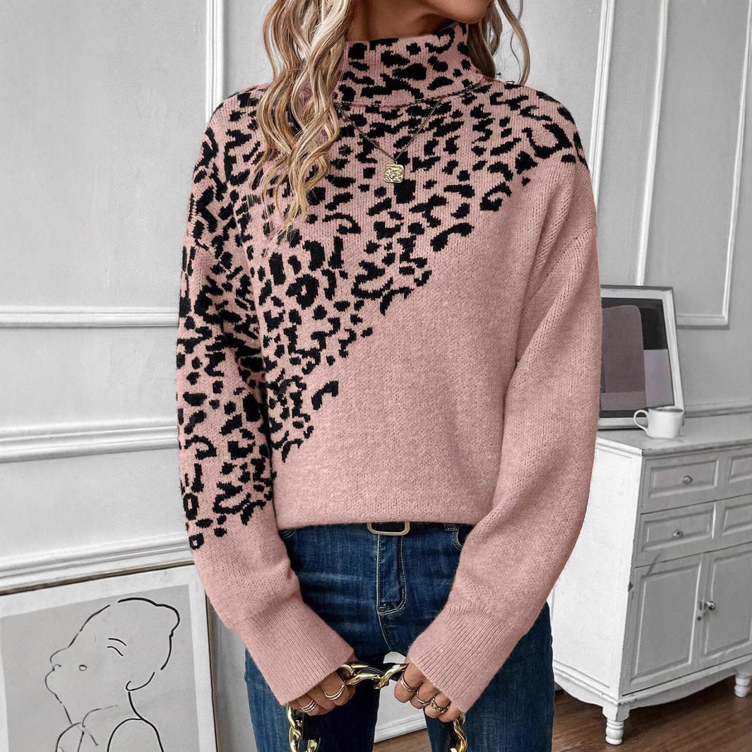 Pull ample à col roulé et manches longues, imprimé léopard, style décontracté