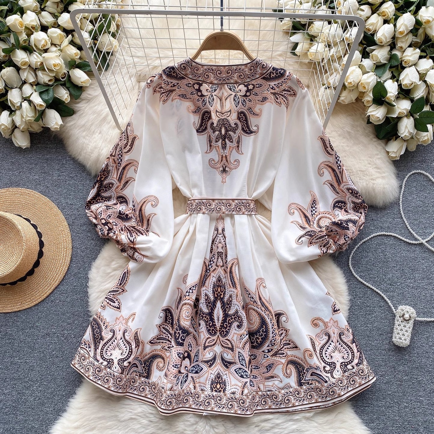 Robe femme manches lanternes taille ajustée imprimé
