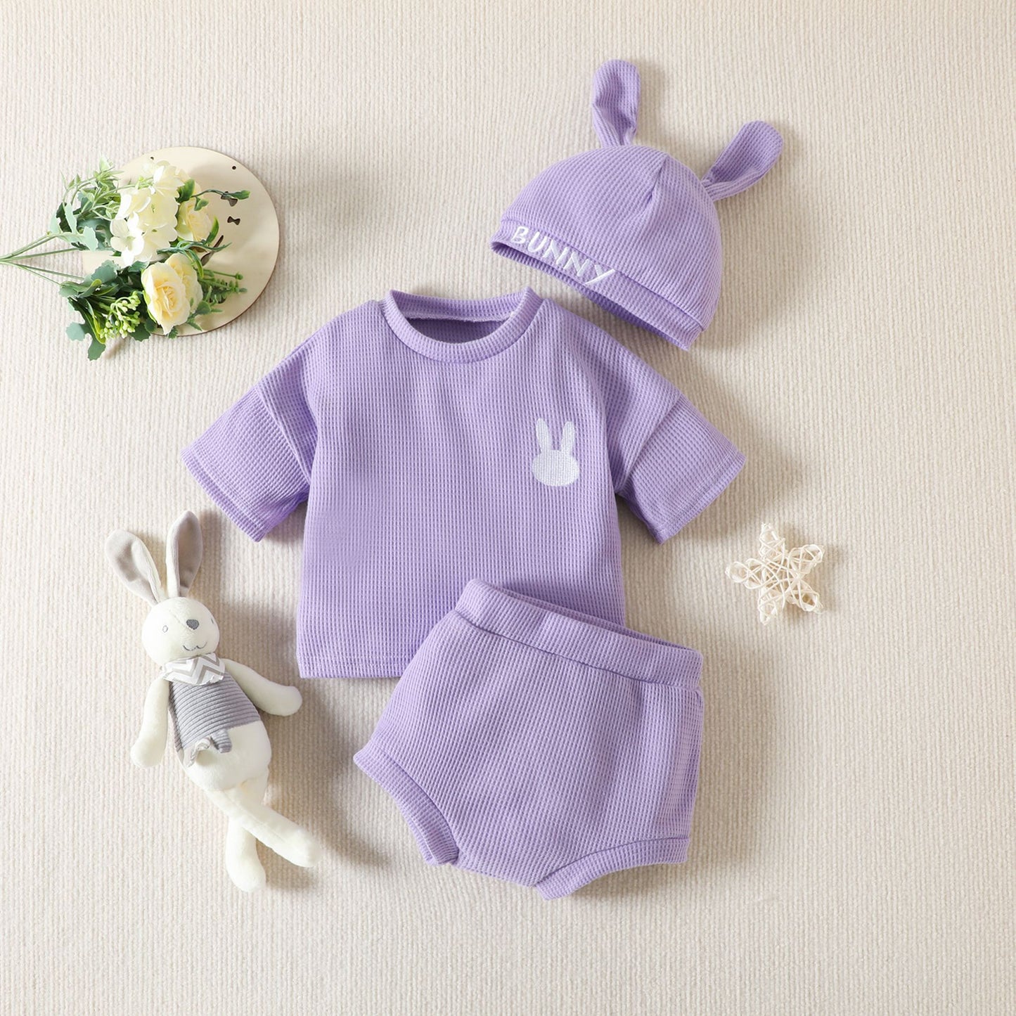 Spring Cute Solid Color Children T-shirt Shorts Hat Suit