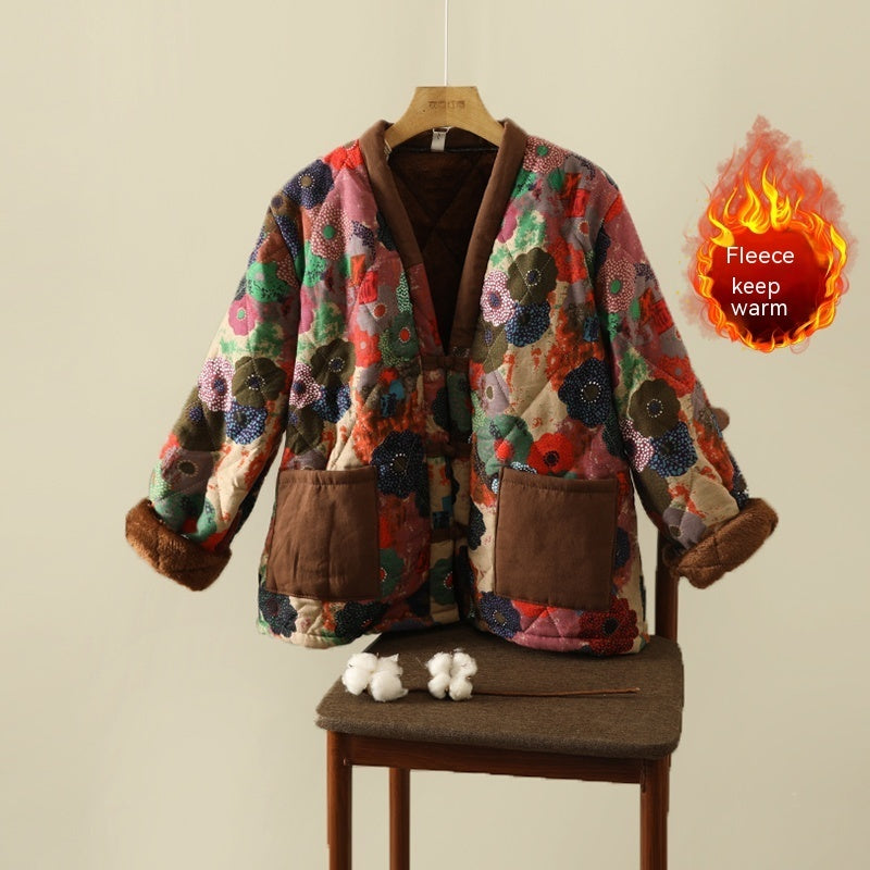 Veste à imprimé floral ethnique, manteau en coton épais doublé polaire, grande taille, vêtements pour femmes