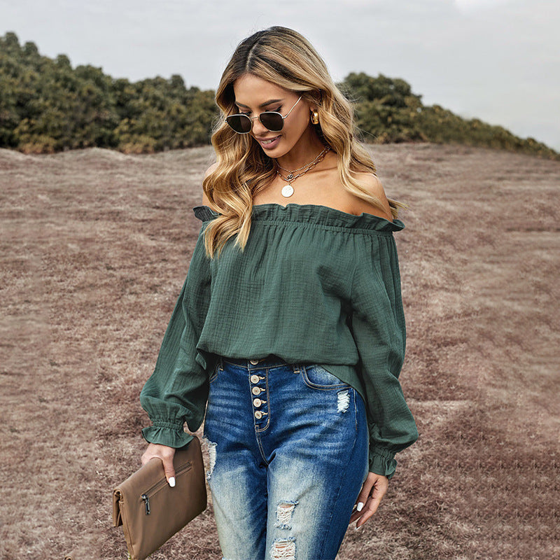 European And American New Style Ruffled Neckline Lantern Sleeve Temperament Blouse Women
