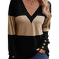 Color Block Stitching Fastener Decoration Casual V-neck Top