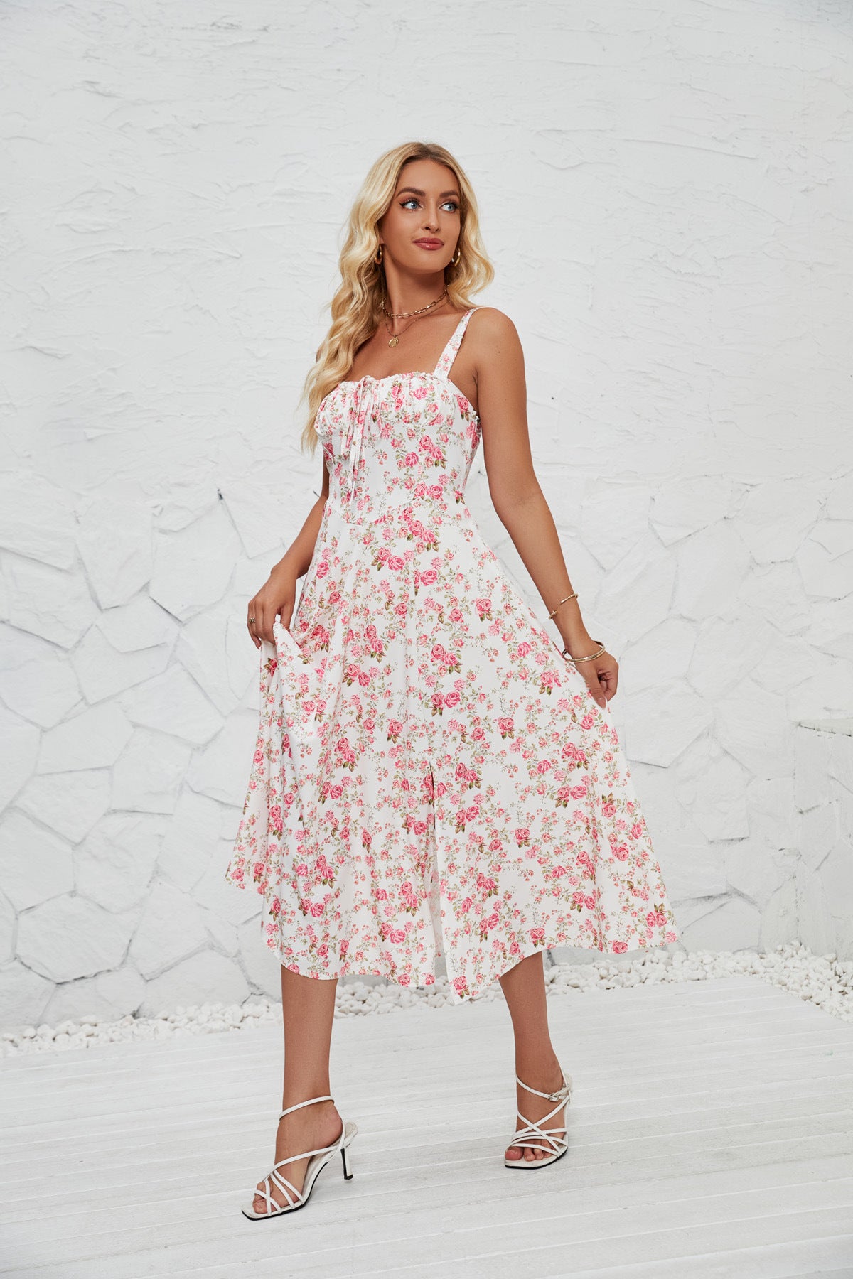 French-style Slip Dress With Side Slit And Print For Women