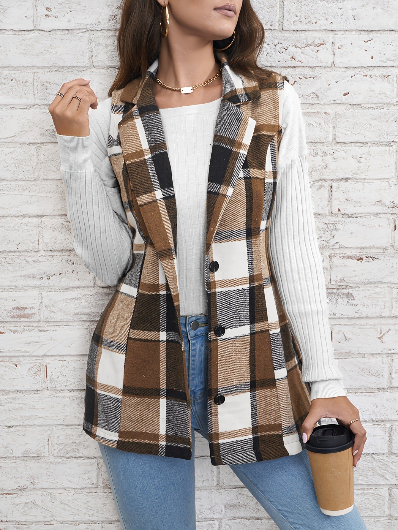 Fashion Women's Wear Lapel Suit Vest Plaid Coat