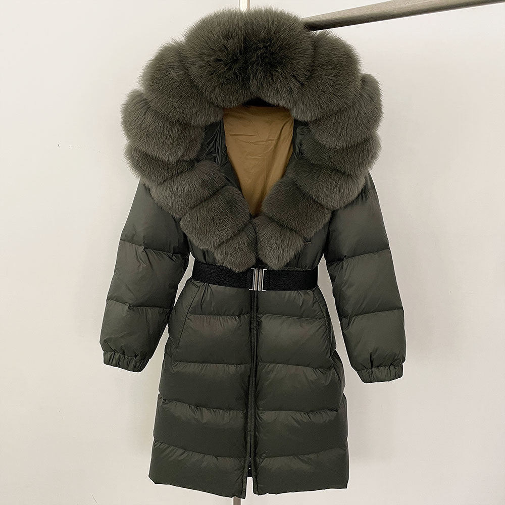 Women's Long Cinched Hoodie Real Fox Fur Collar Coat