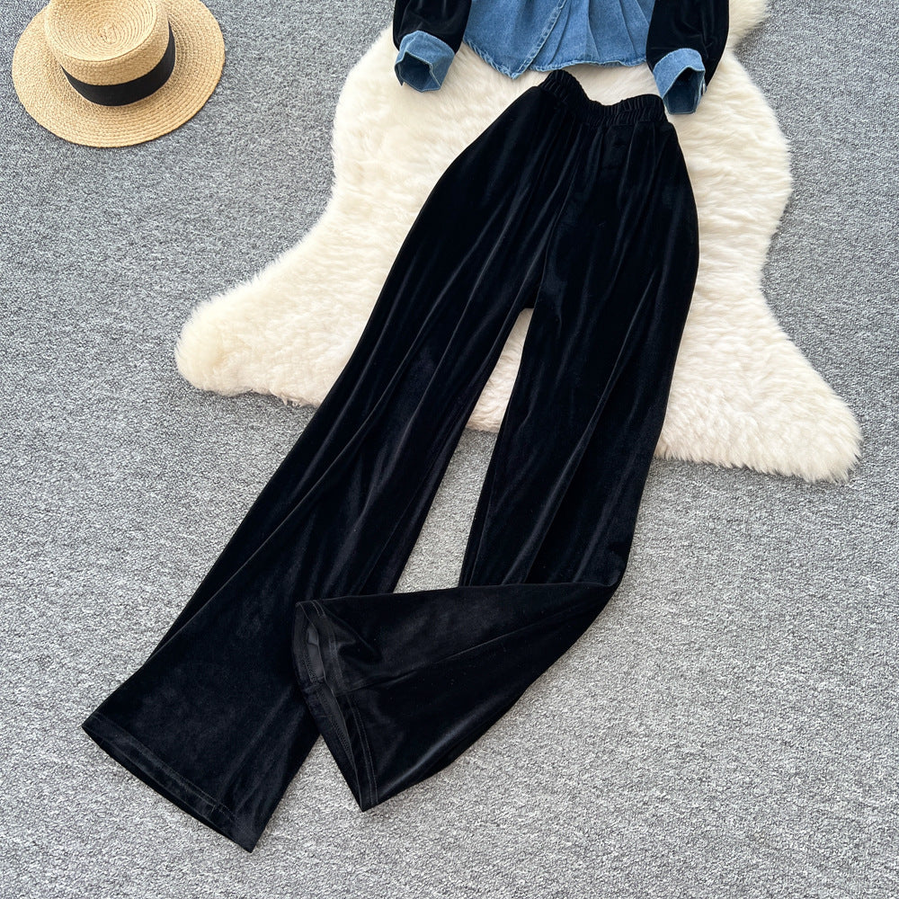 Chic Niche-style Blue Denim Spring Set With A French-inspired Cinched Waist For A Slimming Trendy Look