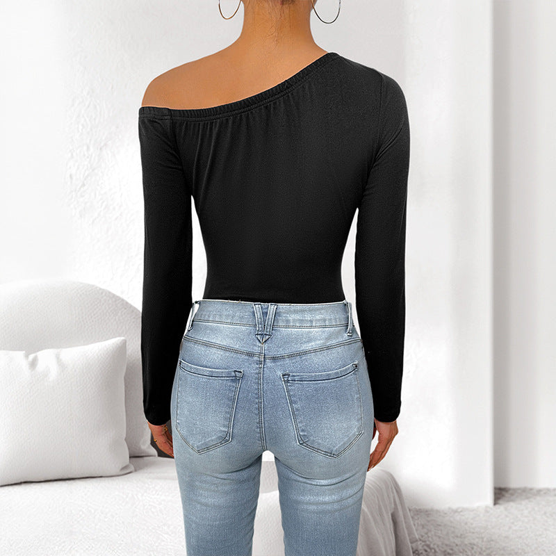 Diagonal Collar Single-shoulder Suspender Long-sleeved Tight Jumpsuit