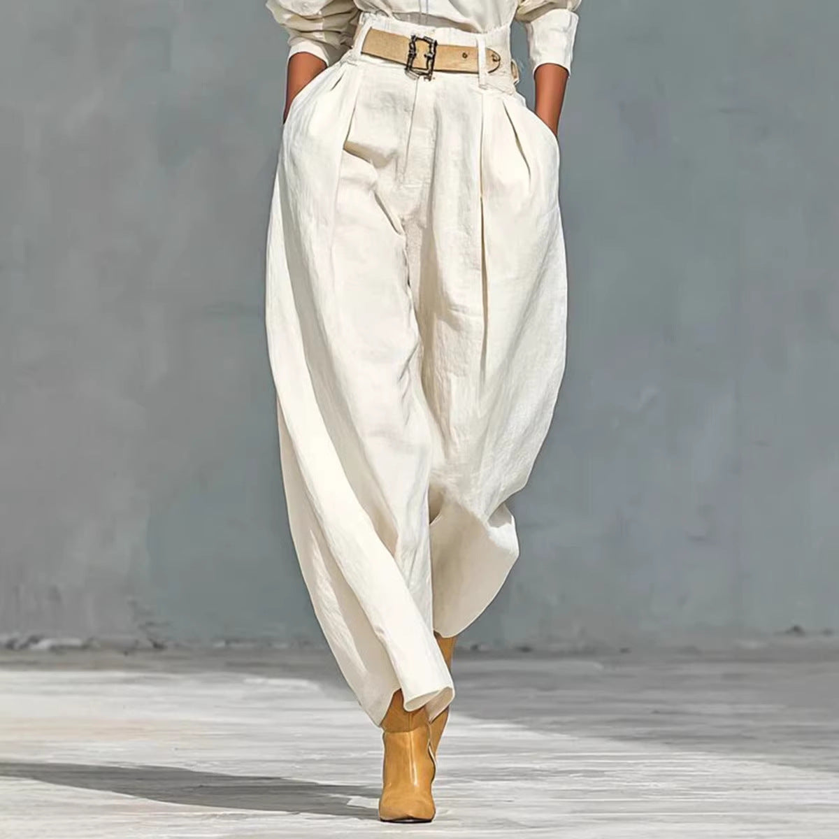 Womens Simple-style Loose Top And Harem Wide-leg Pants Two-piece Set With Belt