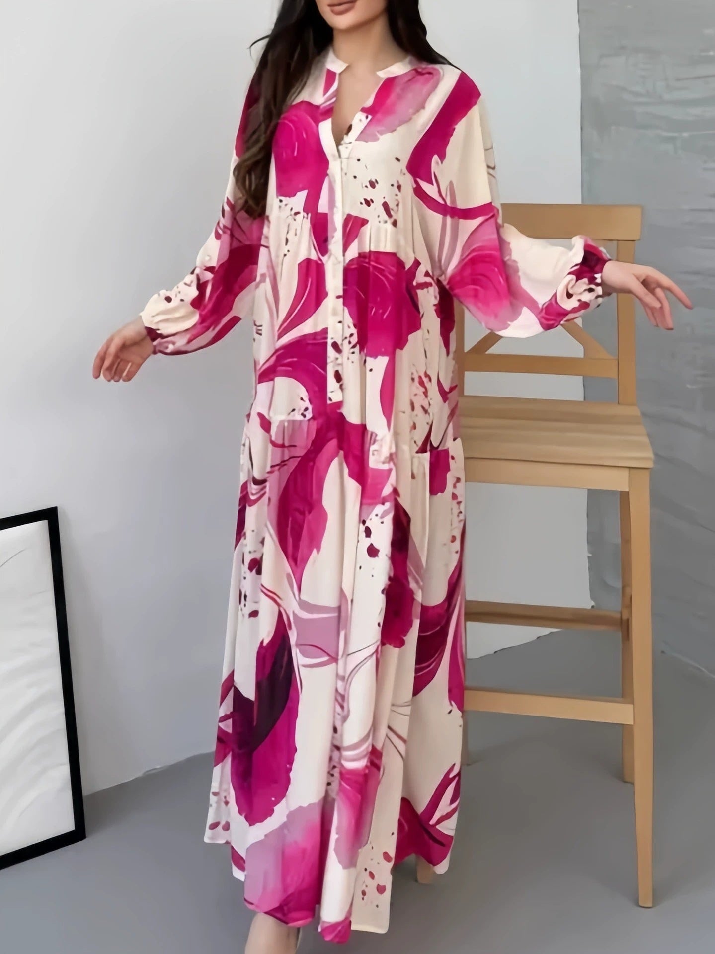 Loose Casual Long Sleeves Temperament V-neck Dress
