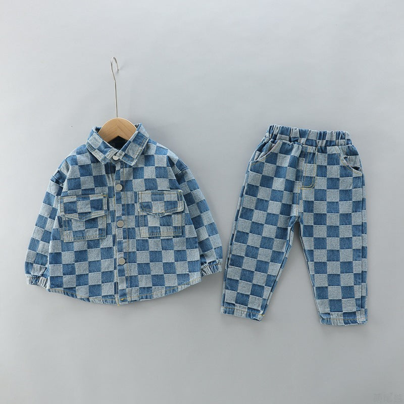 Combinaison à carreaux avec double poche et revers, pantalon à manches longues et salopette pour enfant