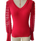 Elegant Rib V-neck Sleeve Chiffon Stitching Long Sleeve T-shirt Slimming Top