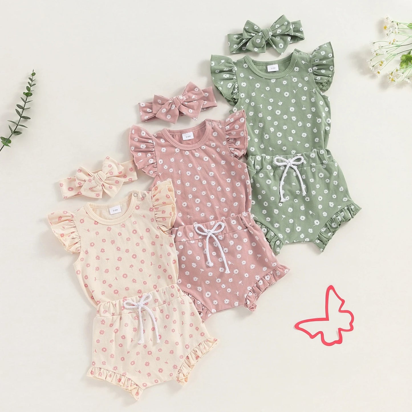 Combinaison à manches volantées et motif floral pour garçons et filles