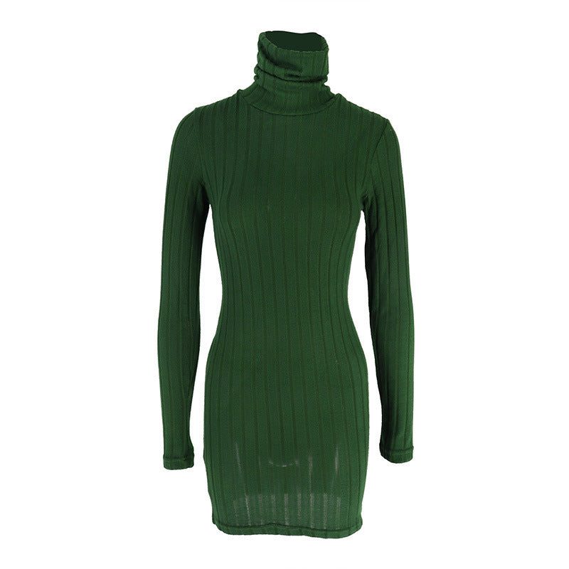 European And American Turtleneck Slim Fit Sunken Stripe Solid Color Sheath Short Skirt Jumpsuit Knitted