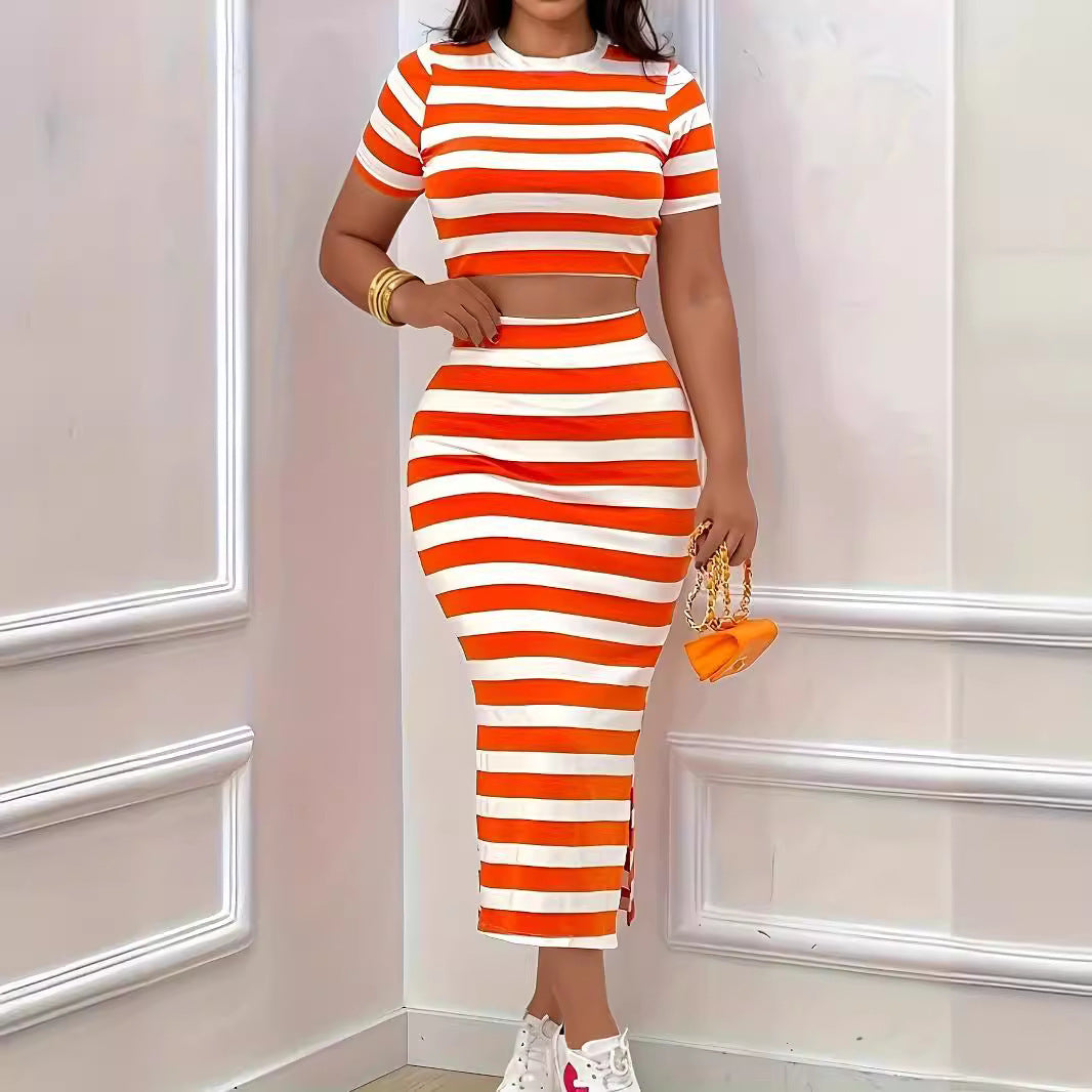 Fashionable Elegant Style All-match Casual Striped Short-sleeved Top Slim Skirt Suit