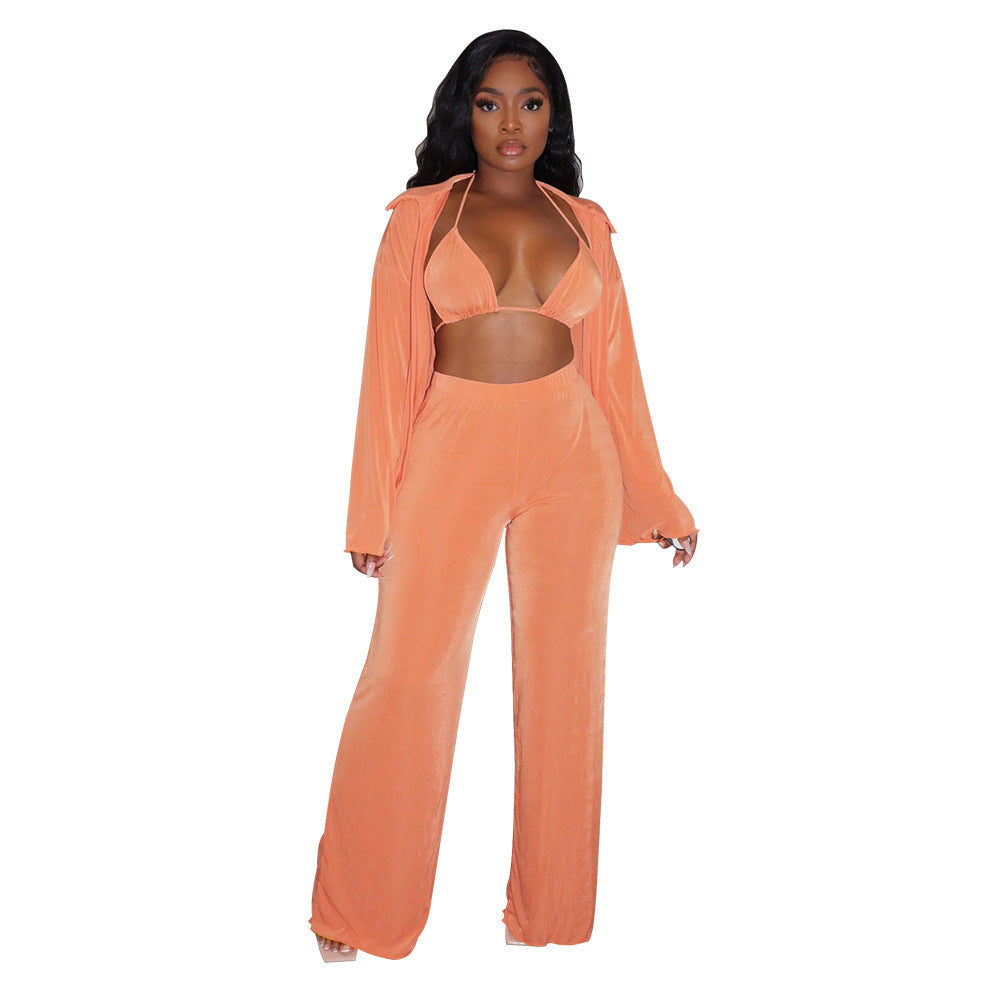 Ensemble bikini décontracté à manches longues et pantalon large pour femme