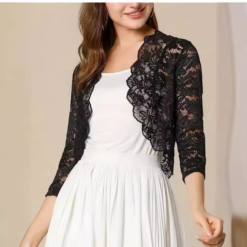 Ladies' Vest Short Collarless Cardigan Top Solid Color Elegant Lace Shirt