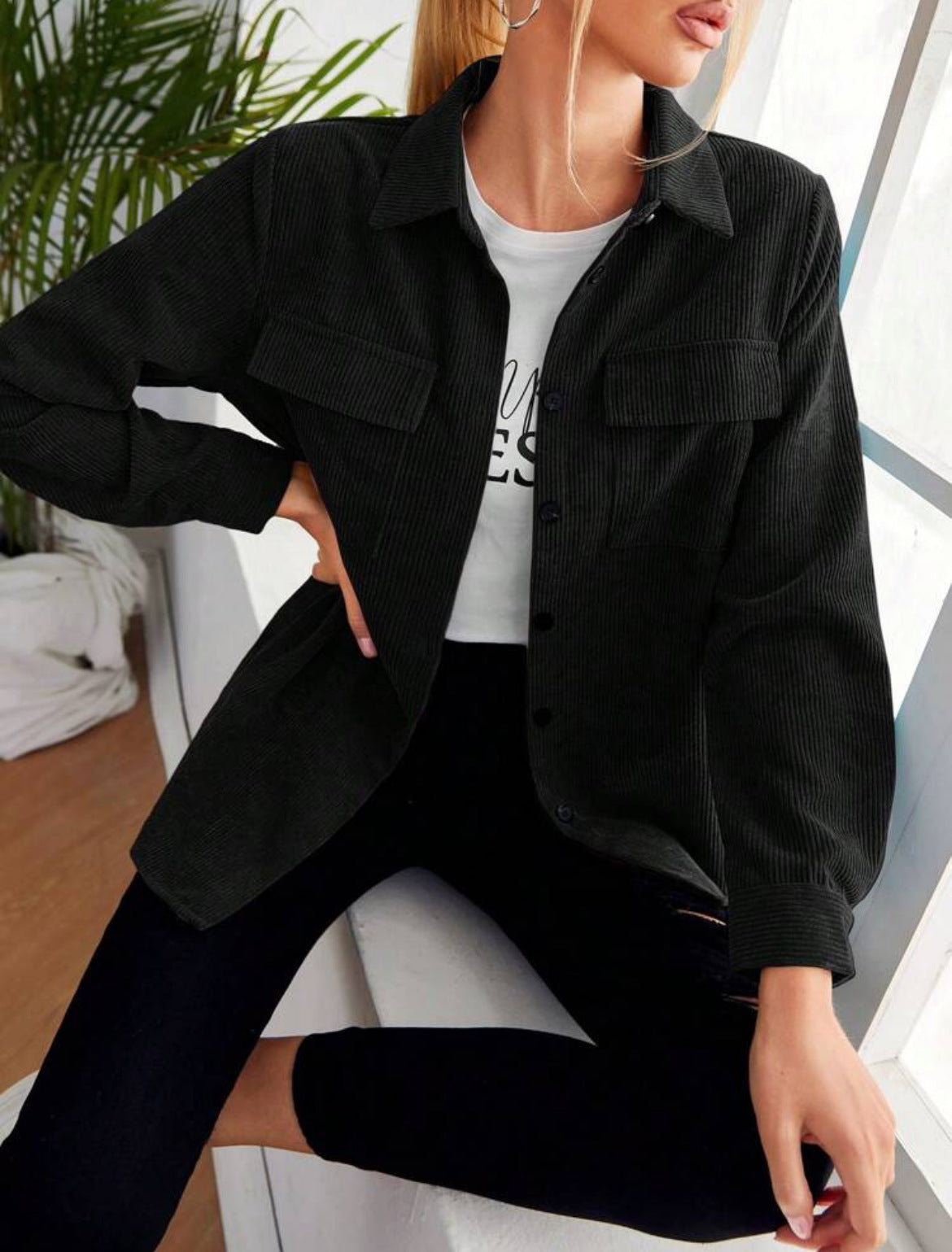 Corduroy Shirt Lapel Long Sleeve Loose