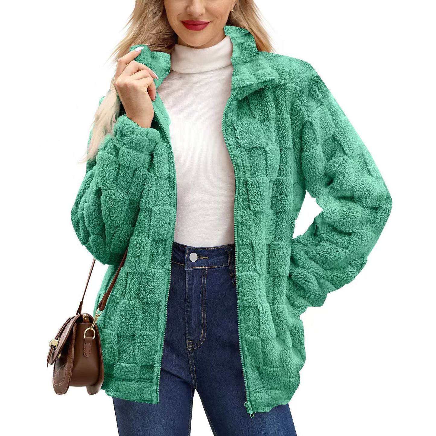 Women's Zipped Stand Collar Loose Jacquard Square Plaid Plush Coat